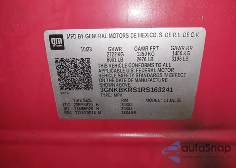 2024 Chevrolet Blazer Awd Rs из США, поврежденный, VIN 3GNKBKRS1RS163241